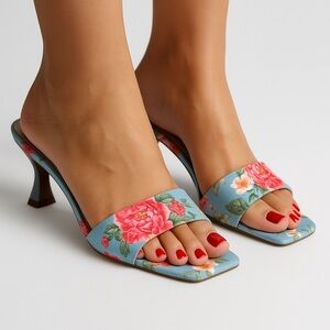 Nine West Floral Mule Heels Size 8.5 (Runs Narrow) Slide-On Summer Shoes